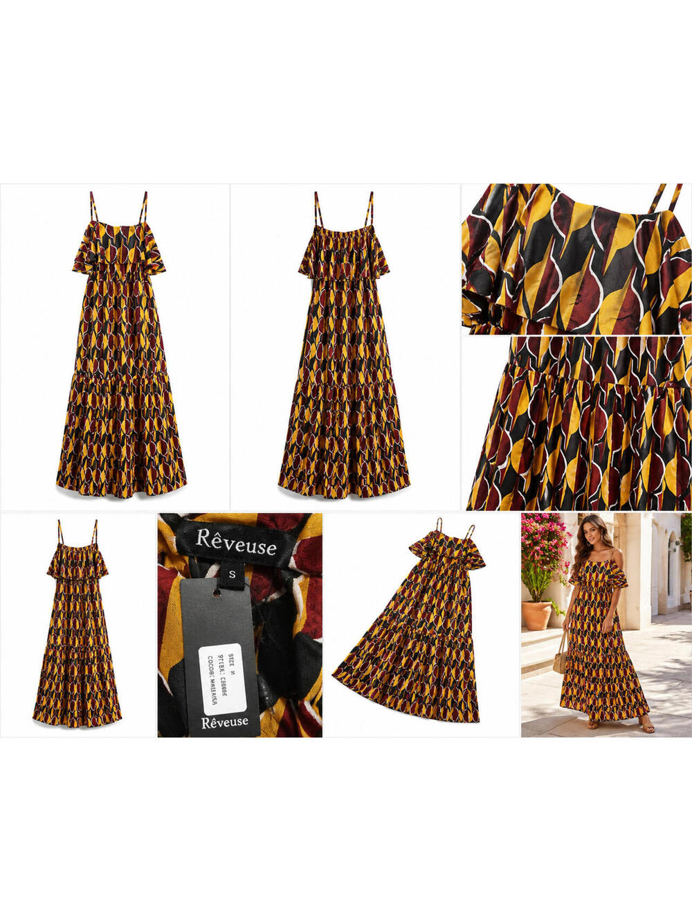Rรชveuse Mustard Geometric Maxi Dress Size Small Tiered Boho Off Shoulder